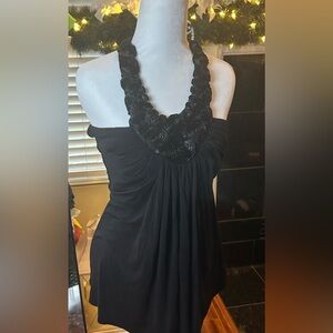 NWT Sky Black Dress tank lined Floral Neckline / rope back Sz Large / lined